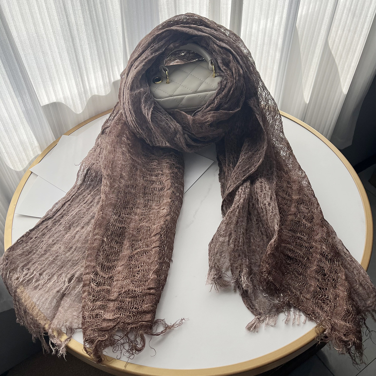 K505 2024 Spring and Summer Thin Solid Color Linen Scarf Tie-Dye Retro Style Women's Scarf Tassel Decoration Sunscreen Shawl