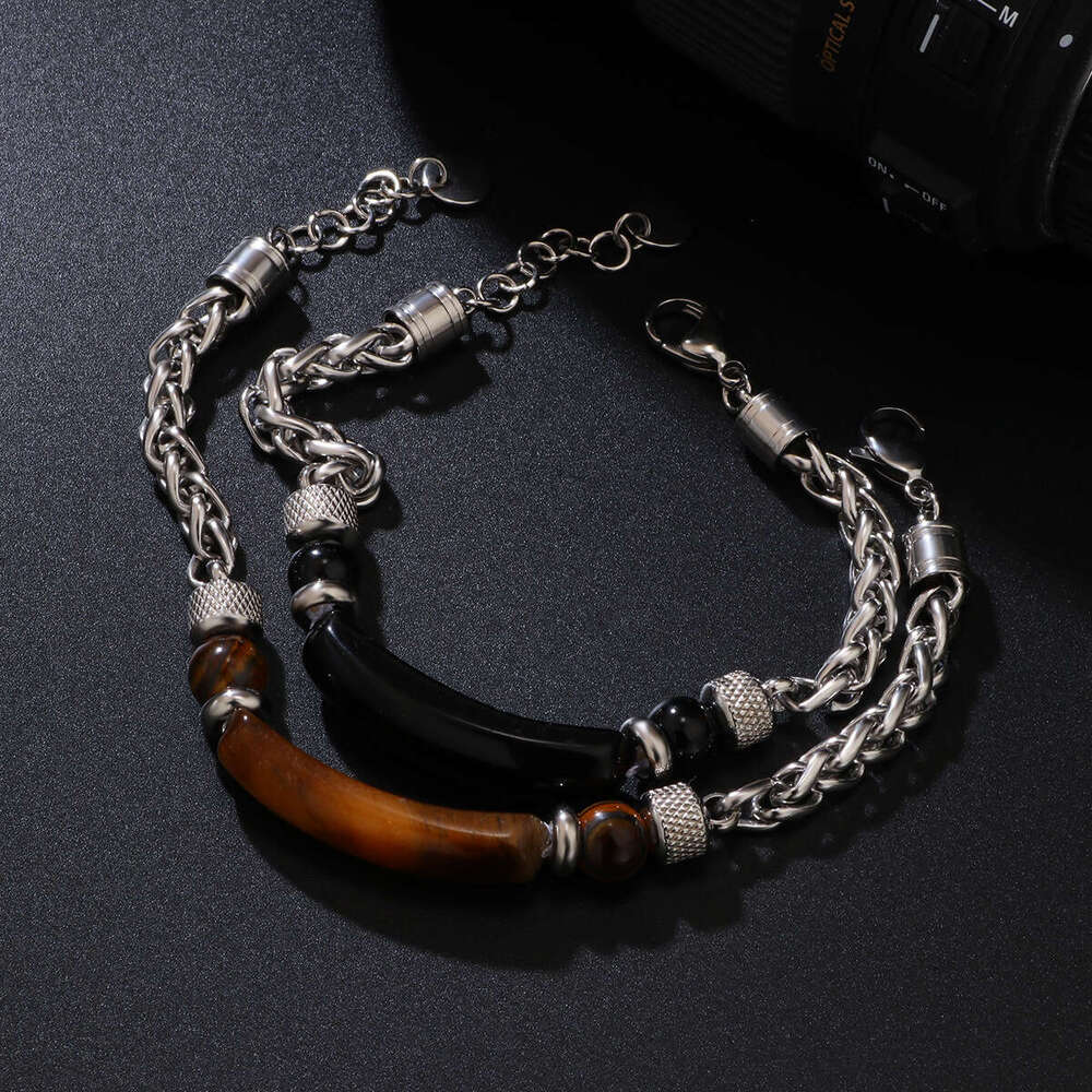 Natural for men, trendy, fashionable, personalized, and cool. Titanium steel chain splicing tiger eye stone men's bracelet