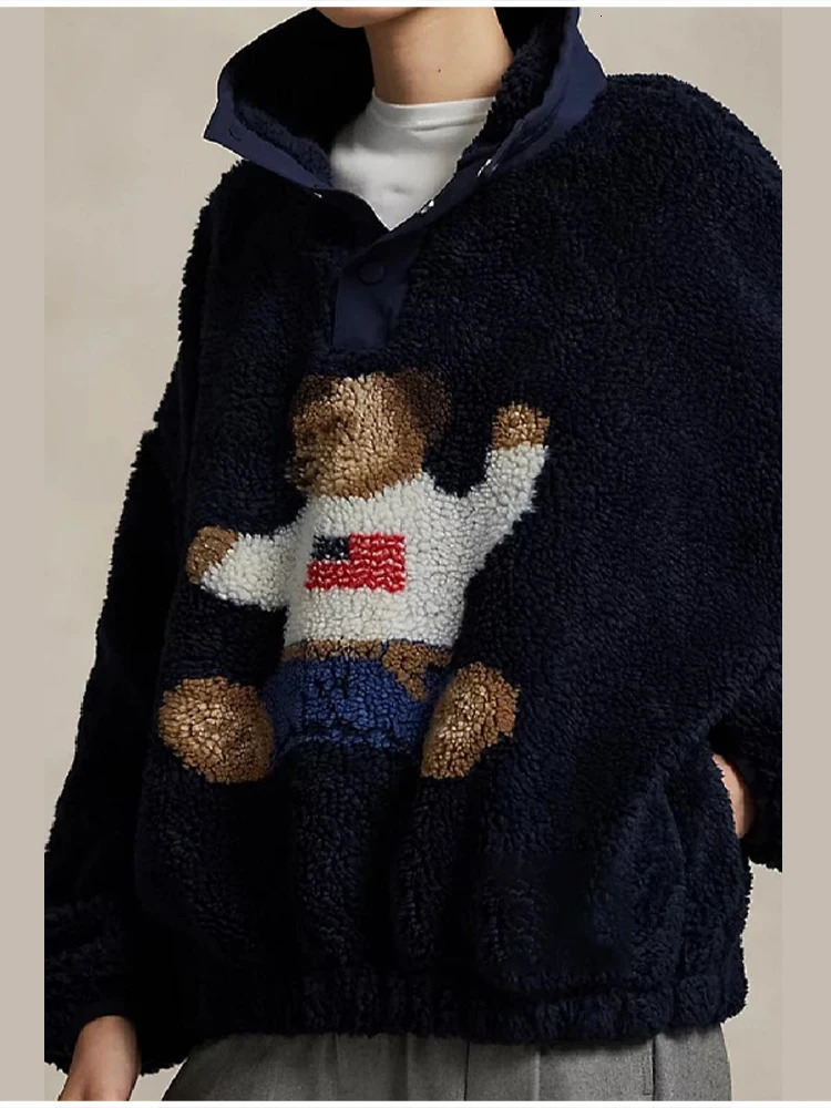 Fall Winter Cartoon Bear Pattern Lamb Jacket For Women Stand Neck Long Sleeve Loose Jacket Lady Warm Thick Streetwears 251120