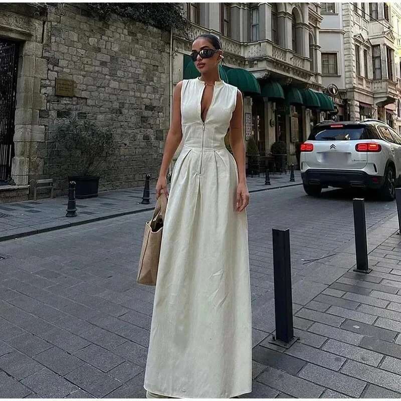 Designer Clothes Y2k Sleeveless Spliced Zipper Maxi Dress Elegant V-Neck High Waist Slim Pleated Long Dresses Summer Office Lady Street Robes