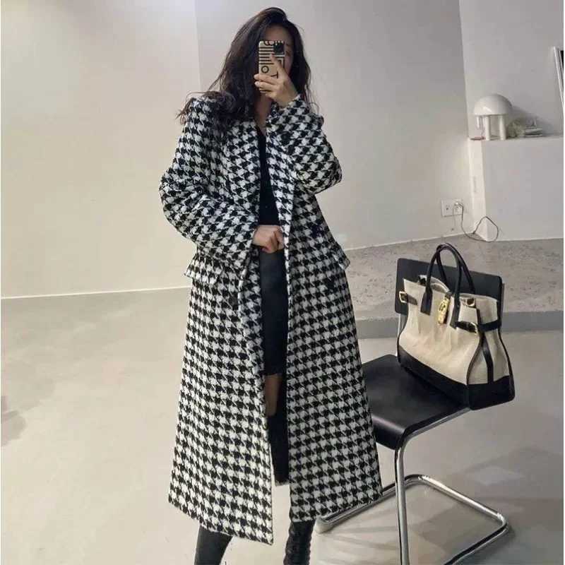 Women Autumn Winter Woolen Coat 2025 New Women Double Breasted Coat Korean Houndstooth Mid-Length Woolen Coat Lady Winter Jacket J251124