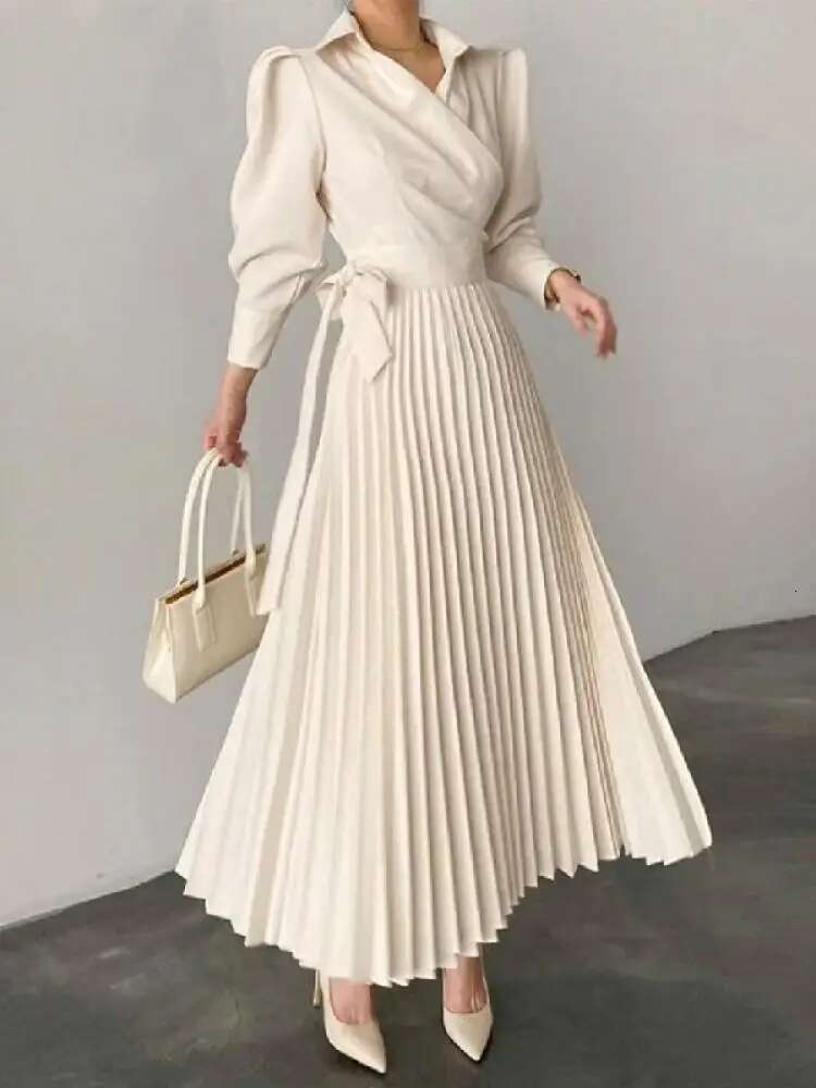Spring Women Solid Color Puff Sleeves Lace-Up Waist A-Line Pleated Dresses Elegant Commuter Dress For Office Ladies