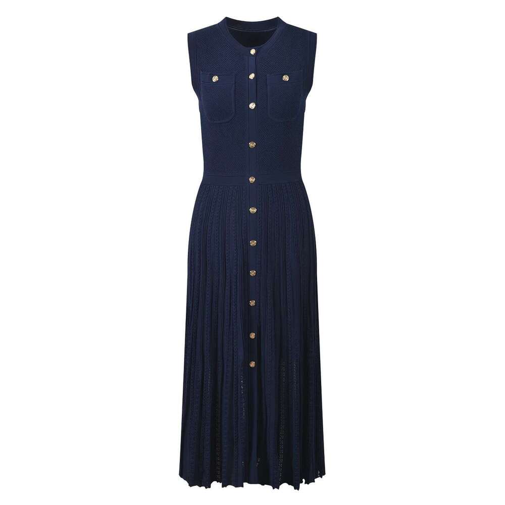 Designer Women's Clothing Hollow Vest Dark Blue Slim Long Single-Breasted Knitted Party Skirt 2025 Spring New Style Birthday Dress For Women