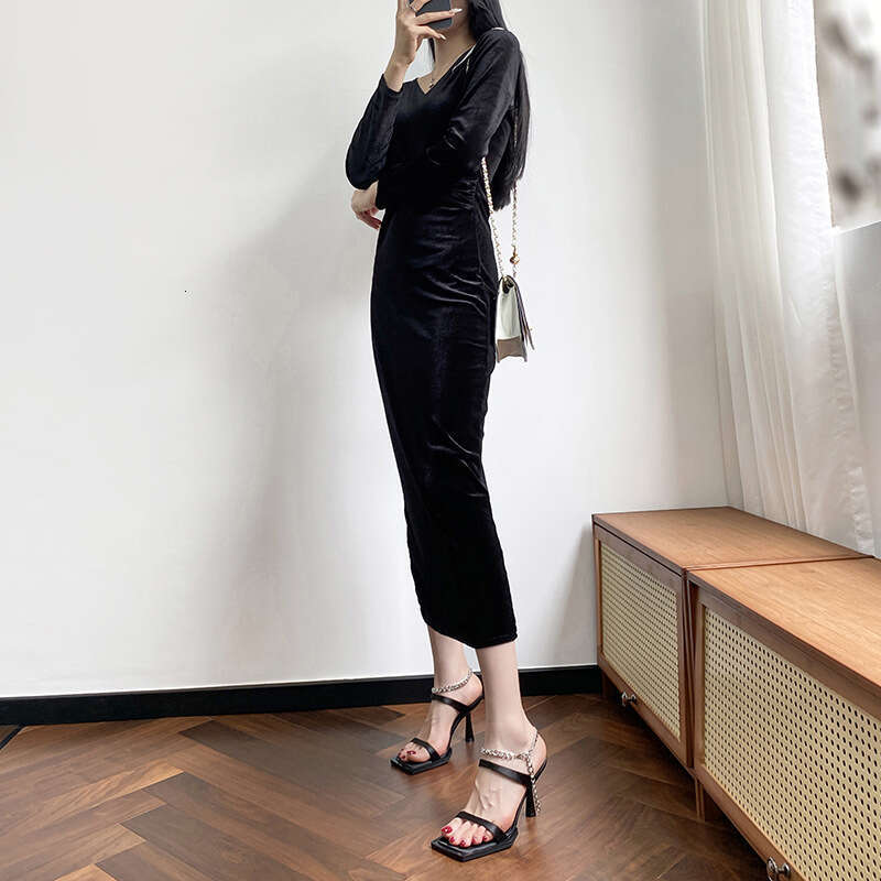 Woman Sandals New Fashionable Square Open Toe High Heeled Shoes With Chain Huizhou Women S Shoes Slim Heels Black Sexy Sandals