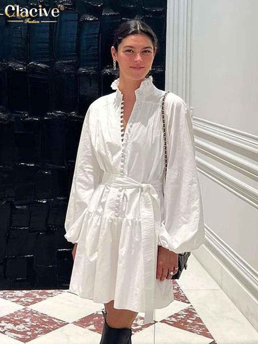 Clacive Fashion Loose White Cotton Casual Stand Collar Puff Sleeve Mini Dress Elegant Lace-Up Pleated Dresses For Women