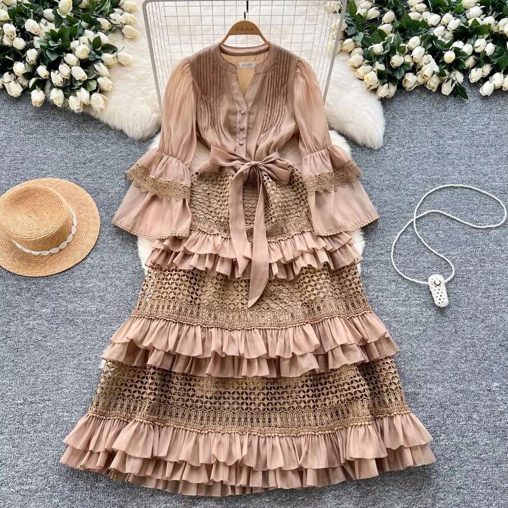Elegant Hollow Out Lace V-Neck Vintage Flare Sleeves Chic Bandage Slim A-Line Cake Long Dresses French High Street Clothing