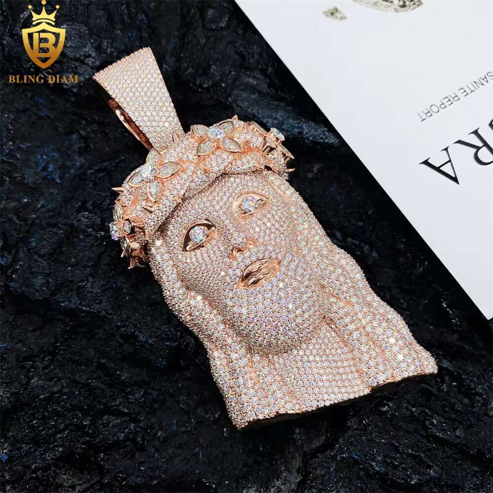 Hip Hop Jewelry Vvs Moissanite Jesus Pendant Flower Bezel Pear Shape Diamond 925 Sterling Silver Rose Gold Plated