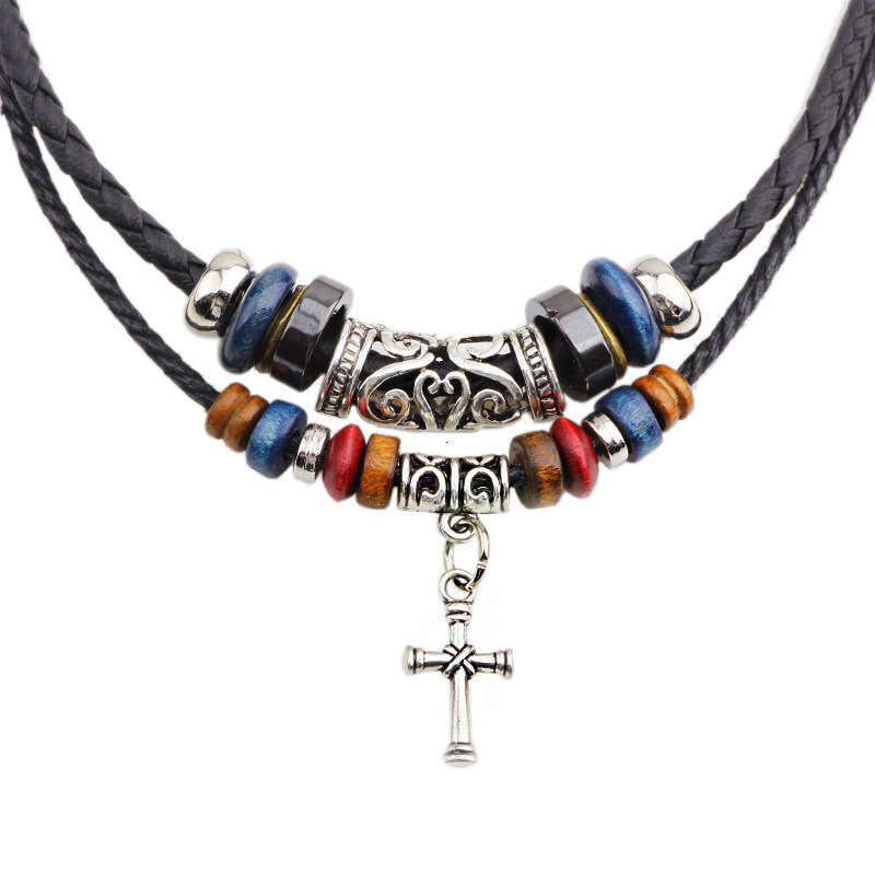 Creative alloy cross necklace woven leather rope wooden bead classic pendant with accessories