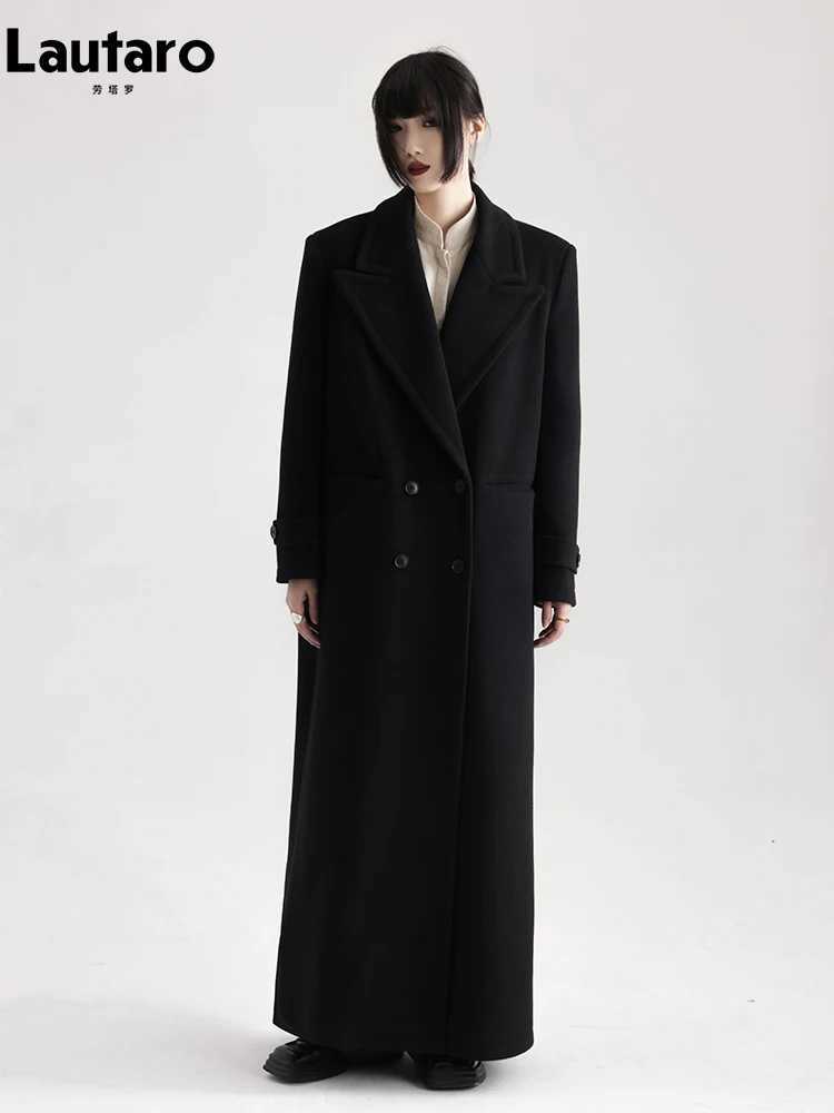 Lautaro Winter Luxury Extra Long Black Warm Soft Wool blends Coat for Women High Quality Loose Casual Woolen Overcoat 2024 J251124
