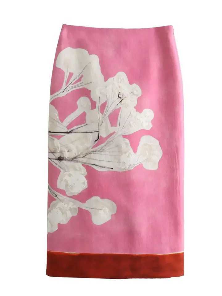 XNWMNZ Womens Fashion Linen Blended Pencil Skirt Waist Zipper Comparison Printed Bottom Seam Womens Midi Skiing M250424