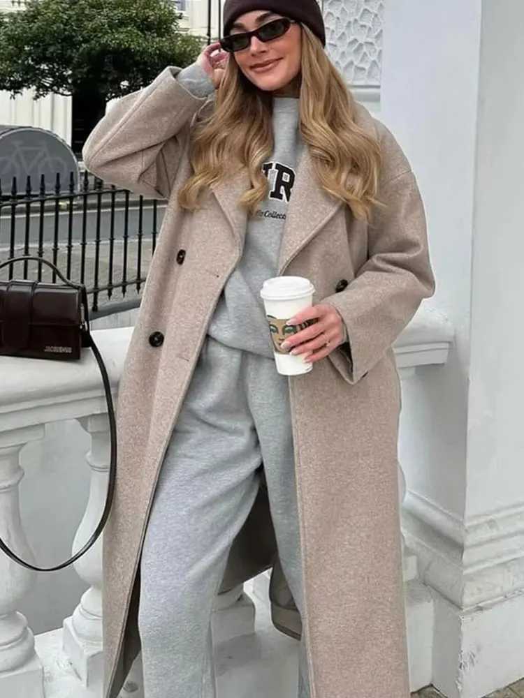 TRAFZA Women Winter Casual Wool Blend Notched Lapel Collar Coat Chic Double-breasted Trench Coats Oversized Female Long Jackets J251124