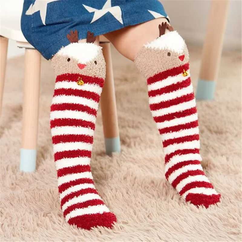 Christmas Childrens Socks For Girls Boys Coral Fleece Kids Striped Long Socks Winter Warm Stockings New Years One Size 2-8Years G251124