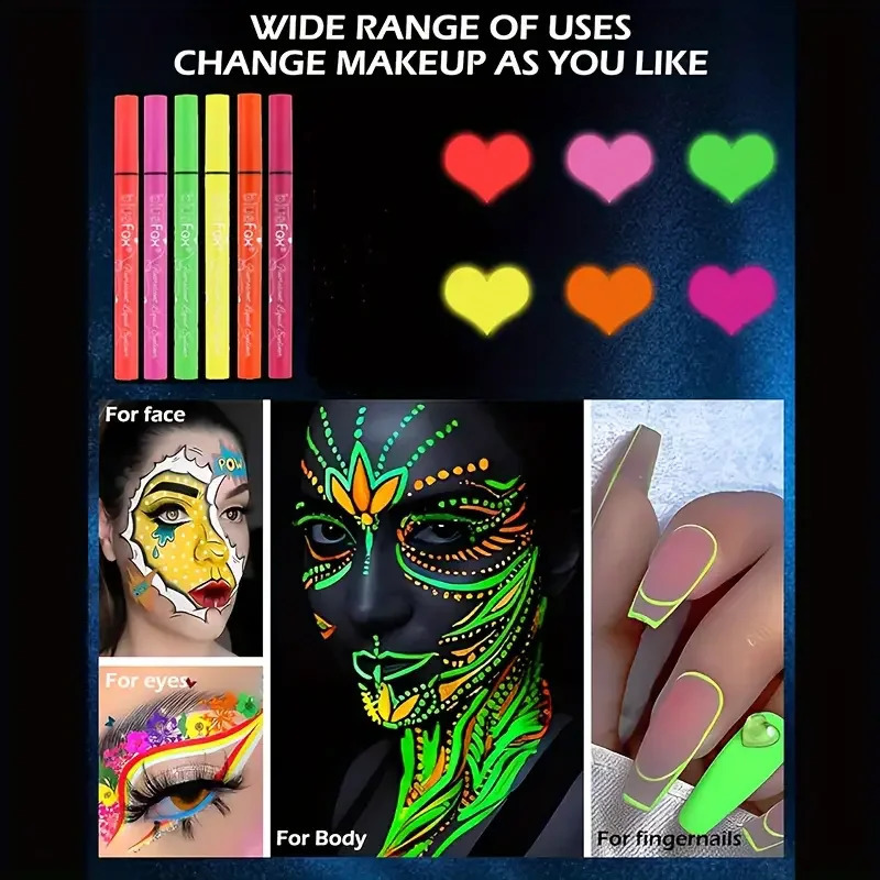Six luminous UV reaction face and body paint sets neon liquid eyeliner pen makeup mix colors music festival 250418