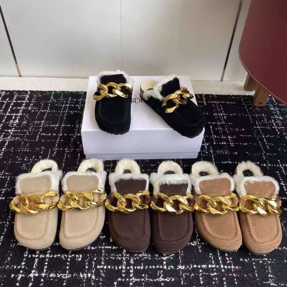 luxury mule clog sandal sabot fur slide Flat Woman shoe Suede Metal chain furry fluffy slipper winter wool shearling sandal fur slipper furry slide designer sandal