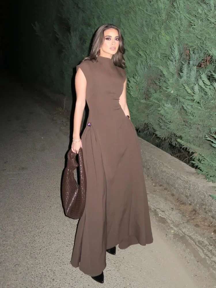 Fashion Waist A-Line Pleated Robe Women's Elegant Solid High Collar Sleeveless Maxi Dress 2025 Summer Evening Party Dresses