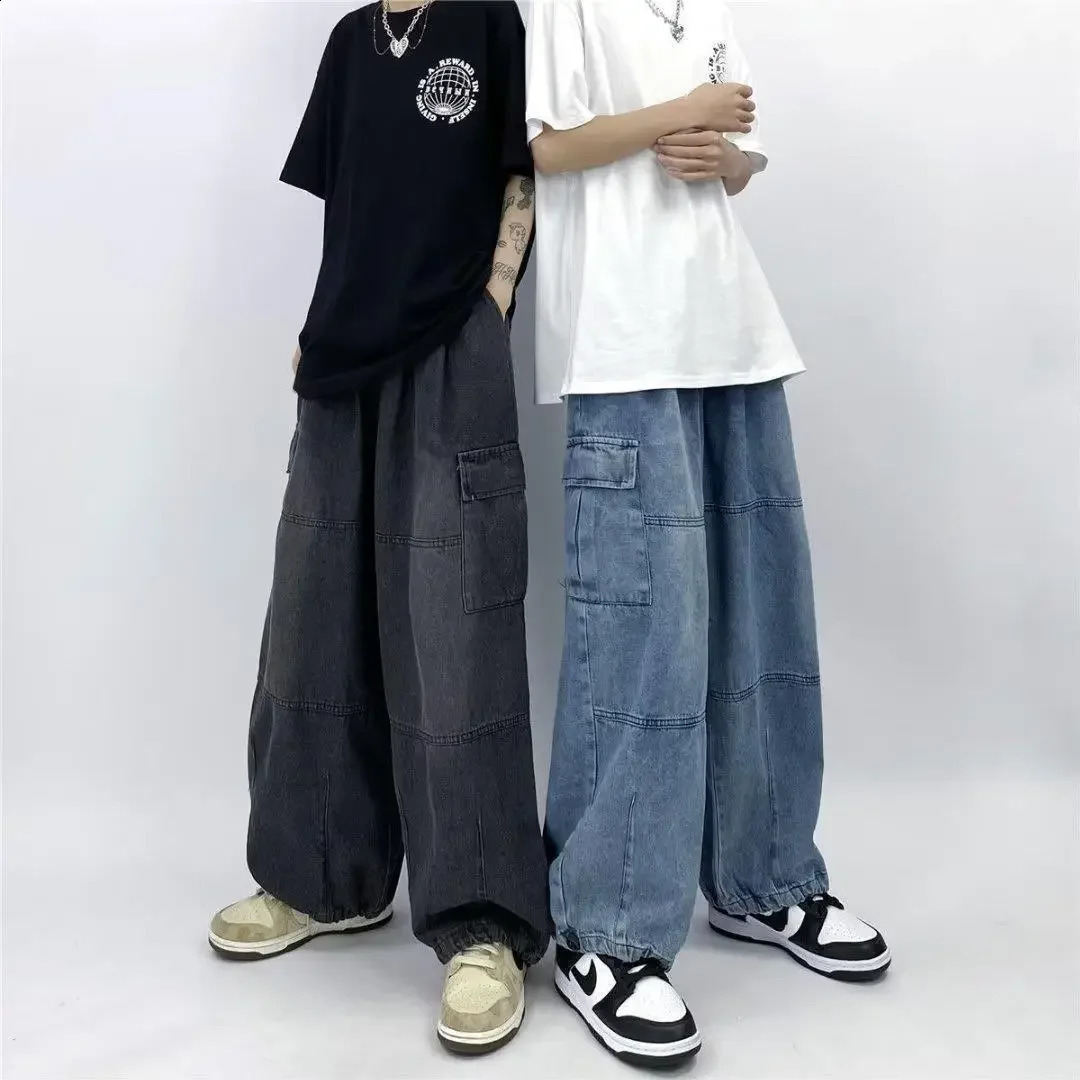 hip-hop casual wide leg cargo pants straight leg loose fit suitable for mens large pocket jeans 250423