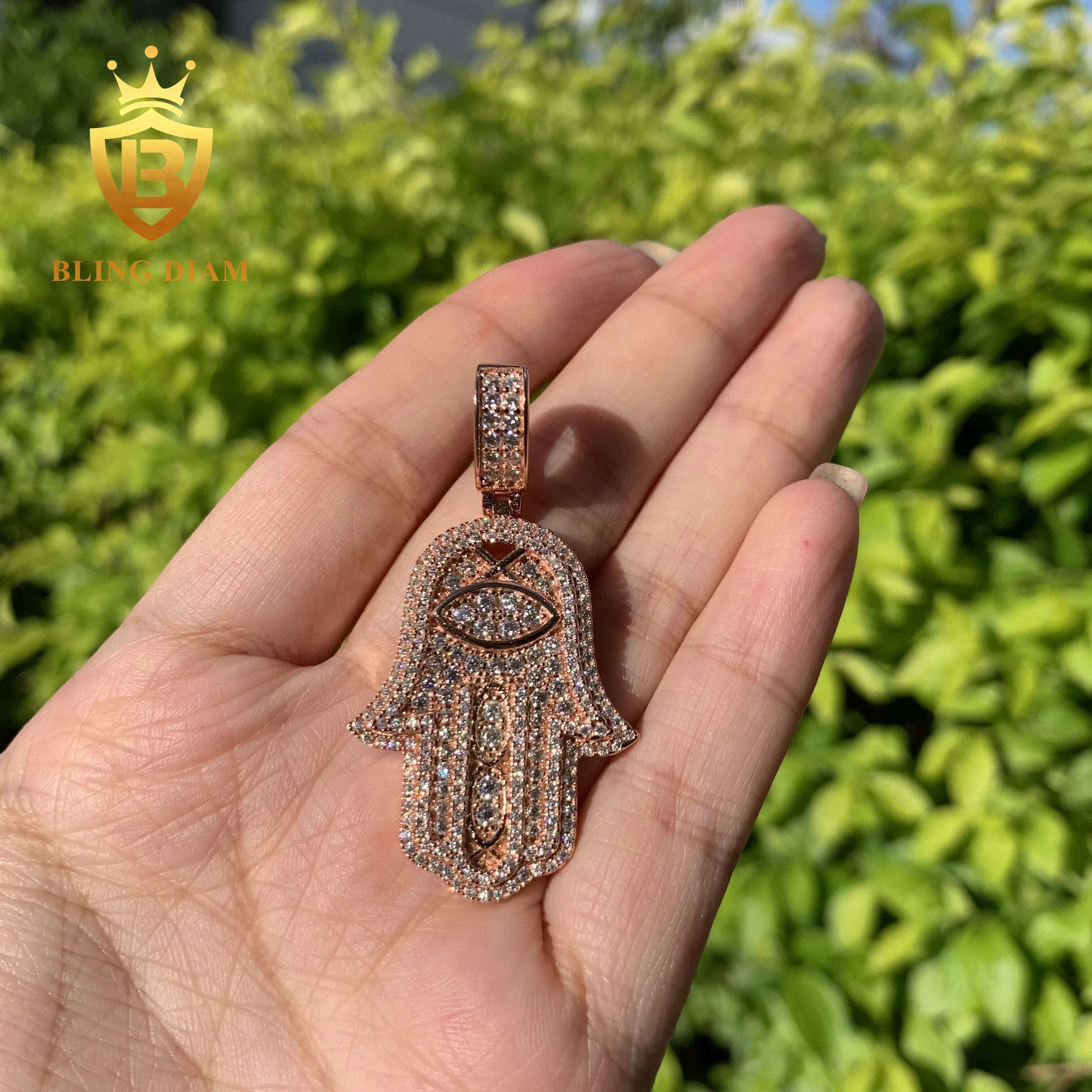 Shining 925 Sterling Silver Hip Hop Iced Out Vvs Moissanite Diamond Hasma Hand Pendant for Men Women