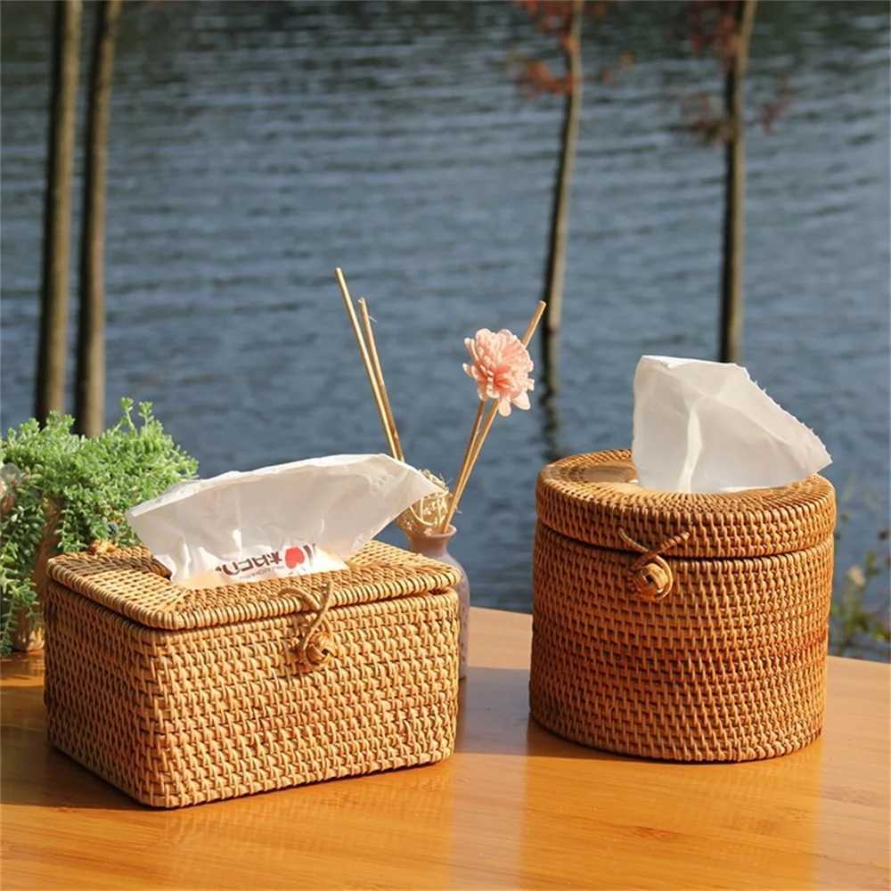 Rattan Tissue Box Desktop Toilet Paper Handkerchief Case Simple Napkin Holder Hand Woven Car Tissue Paper Dispenser Home DecorM251124