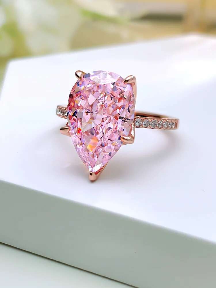 Fashionable niche high-endversatile 925 sterling silver droplet pink diamond ring inlaid with high carbon diamond temperament