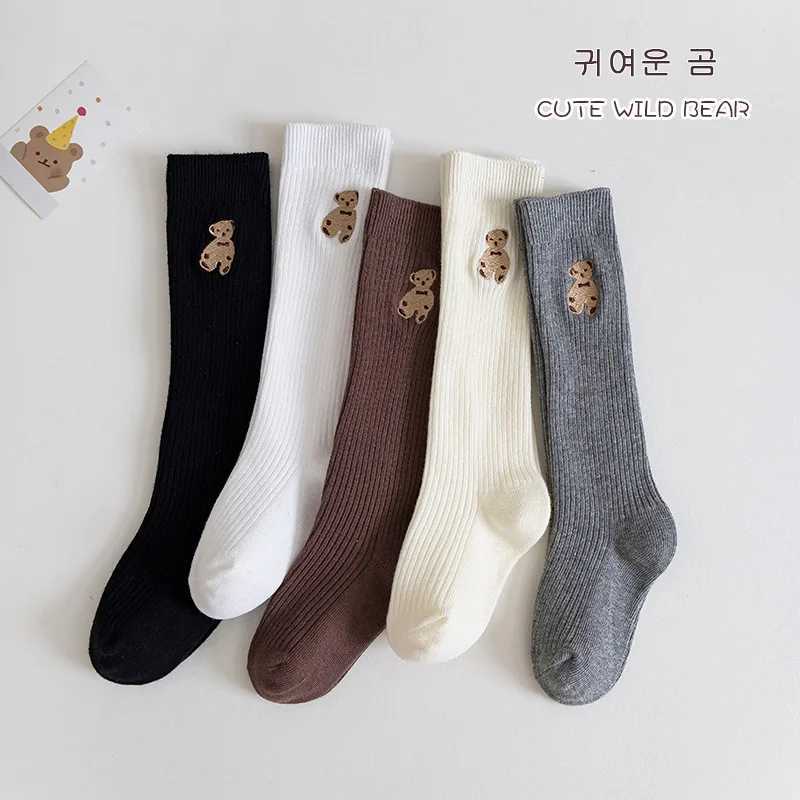 Girls Autumn Long Socks Baby Cute Bear Decor Knee Socks Girls Winter Solid Cotton Stocking Thigh Socks G251124