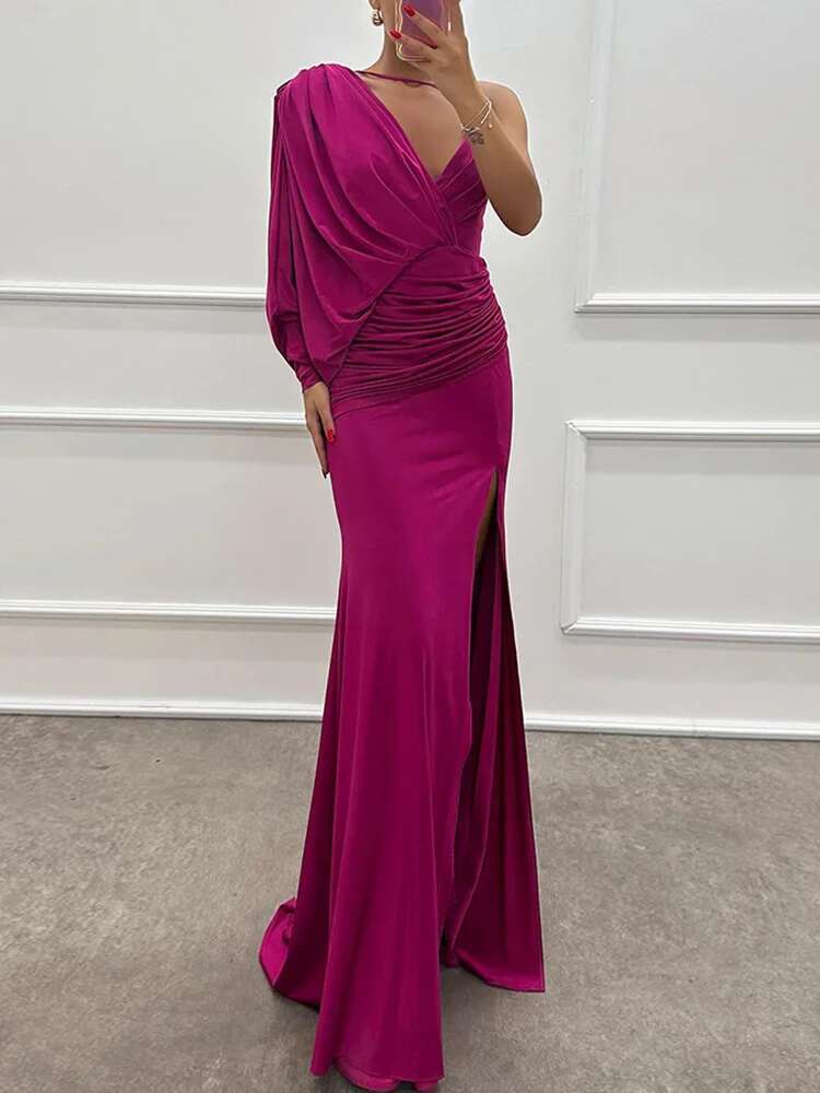 Long Sleeve Simple Spring Autumn Maxi Women Solid Patchwork Fashion Party Dress, Elegant V Neck One Shoulder Ladies Dress