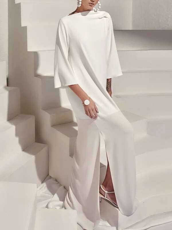 Krisstargirls 2025 New Simple White Black Maxi Dresses Split-Side Boat Neck Women Evening Loose Long Dress For Ladies