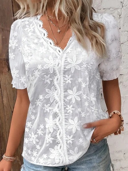 2024 Summer Casual V-neck Lace Splicing Shirt Womens Shirt
