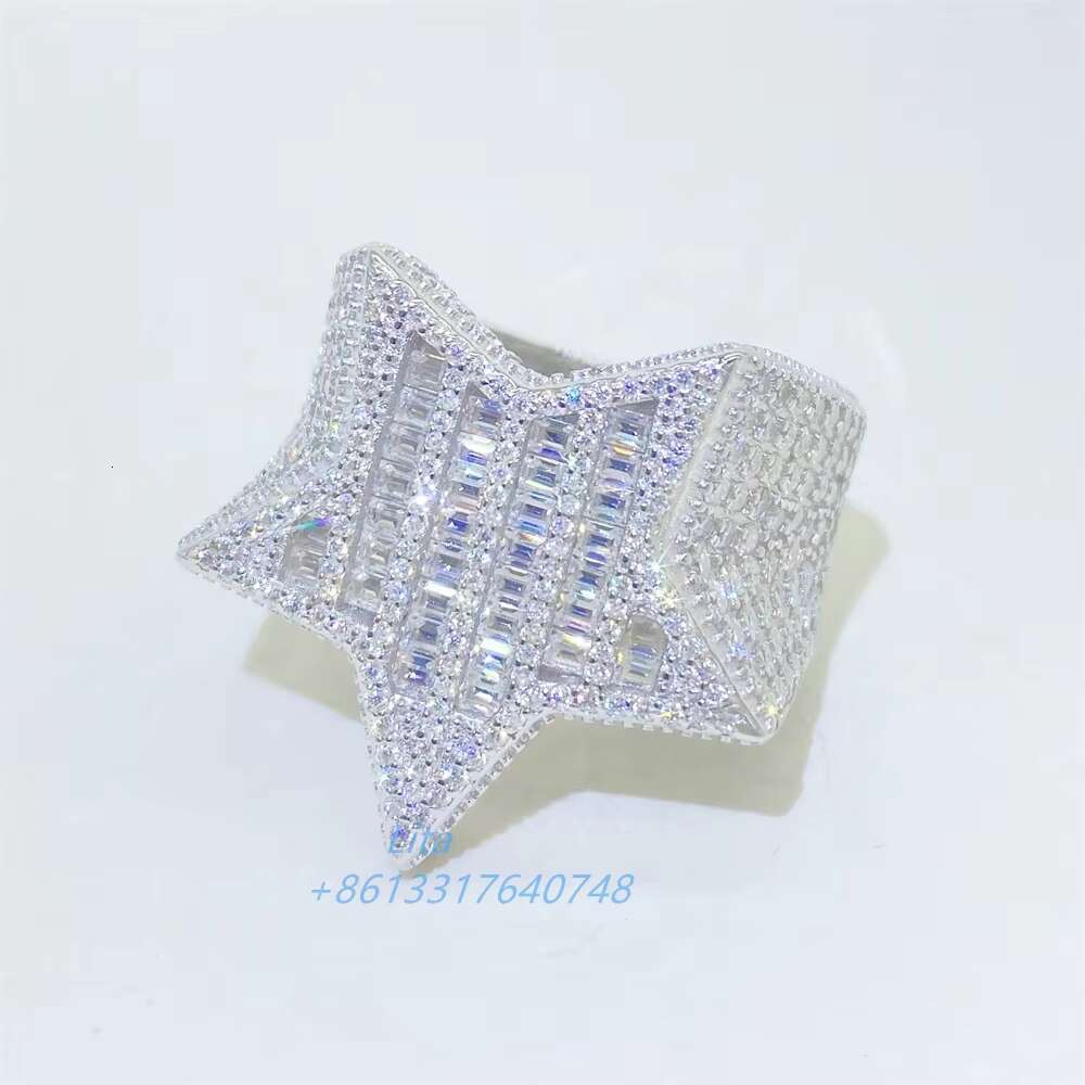 Ready to Ship Bling Star Ring baguette Cut Diamond Moissanite Ring Hip Hop Iced Out Mens Rings
