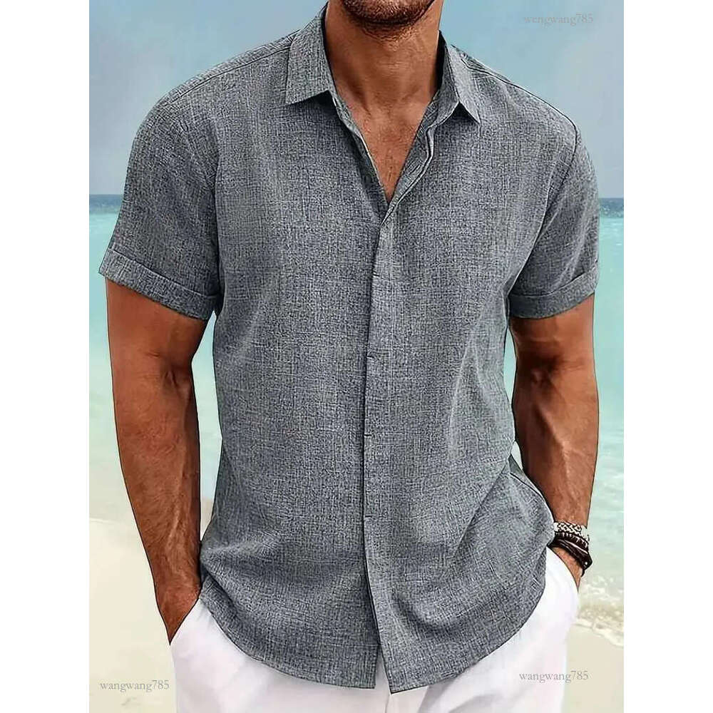 Mens solid color short sleeved summer solid color lapel casual beach style open top polyester shirt W250102
