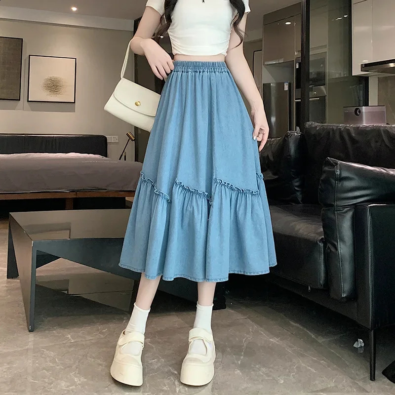 2024 Simple Versatile Wood Ear Denim Skirt mid length wide hem umbrella semi elastic waistband waist 250417