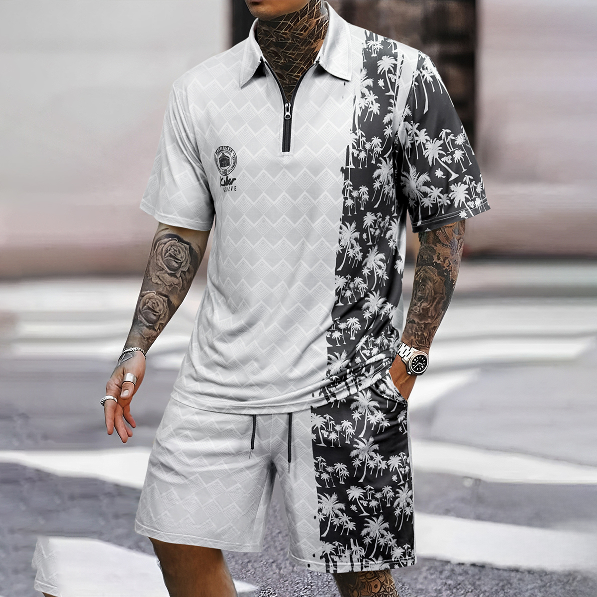 Men's summer business basic casual simple comfortable textured fabric breathable lapel short sleeved polo shirt set
