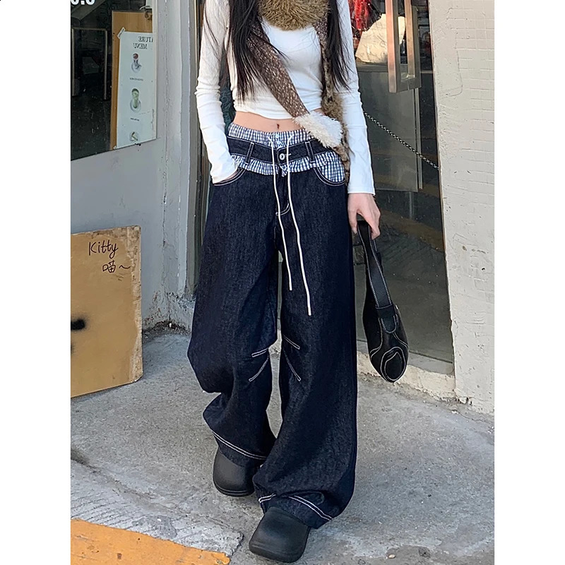 Womens casual retro plain patchwork denim Trouser Harajuku loose jeans spring deep blue high waisted Y2K 2000s pants 250422