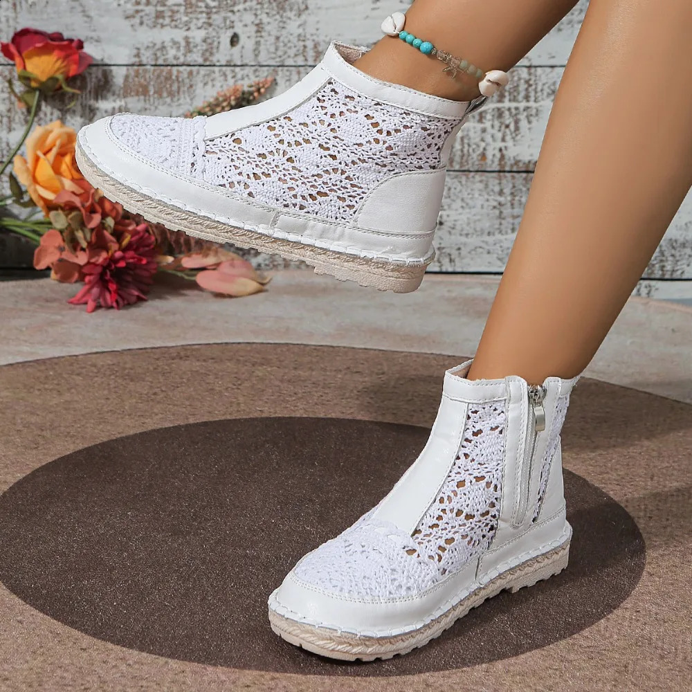 Mesh Cool Boots for Women 2024 Summer Thin Breathable Womens Versatile Short Boots Zipper Mesh Hollow Open Boots 250418