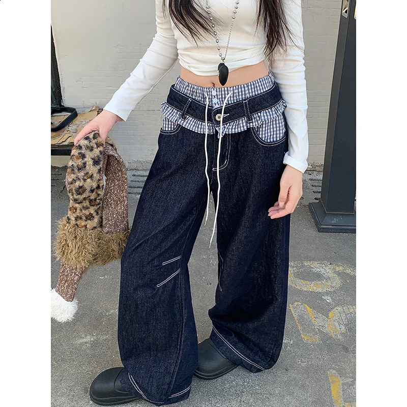 Womens casual retro plain patchwork denim Trouser Harajuku loose jeans spring deep blue high waisted Y2K 2000s pants 250422