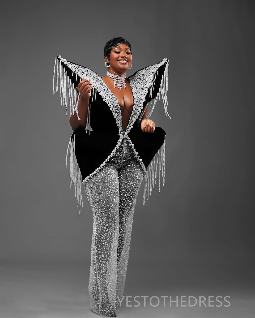 African Aso Ebi Plus Size Prom Dresses Black Jumpsuits V Neck Sexy Pearls Sequined Lace Evening Formal Gowns for Nigeria Black Women Birthday Gowns AM