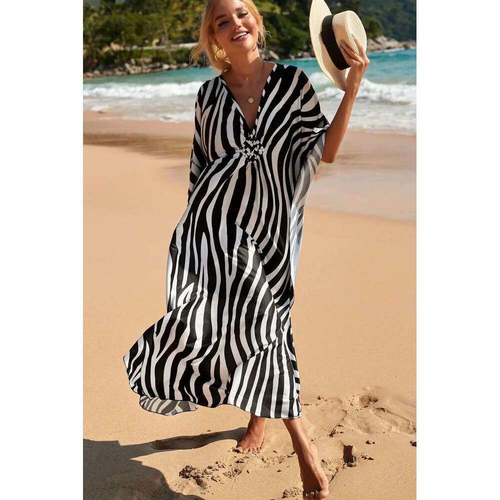 Rayon Fashion Sexy Holidays Sunscreen Shirt Beach Dress Sundress Women Clothes Elegant Zebra Batwing Sleeve Dresses New Bohemian