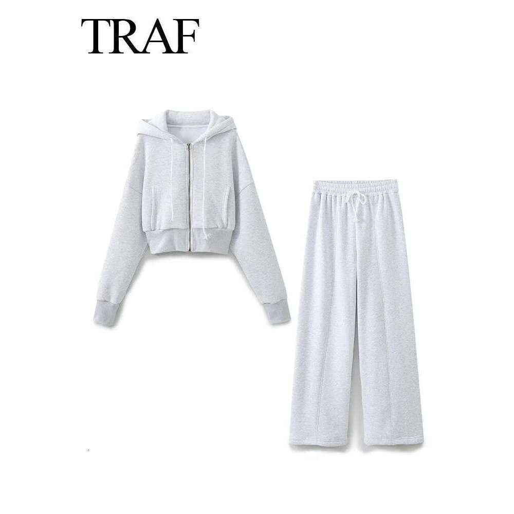 Designer Clothes TRAFZA Spring Female Casual Hoodies Zipper Coats+Elastic Waist Baggy 2 Pieces Set Elegant Loose Solid Pink Grey Pants