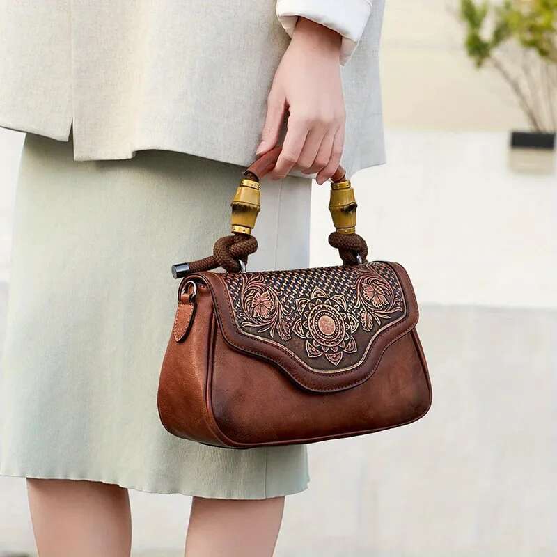 MOTAORA 2025 New Vintage Leather Women's Handbag Bamboo Handle Flap Zip Closure Adjustable Strap | Handmade 3D Eming