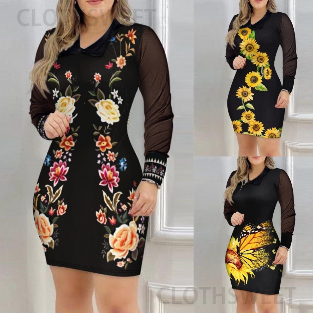 2025 autumn fashion mesh long sleeved V-neck slim fit printed dress for women