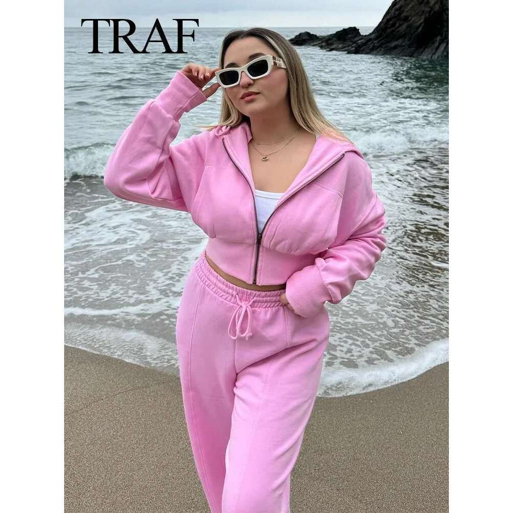 Designer Clothes TRAFZA Spring Female Casual Hoodies Zipper Coats+Elastic Waist Baggy 2 Pieces Set Elegant Loose Solid Pink Grey Pants