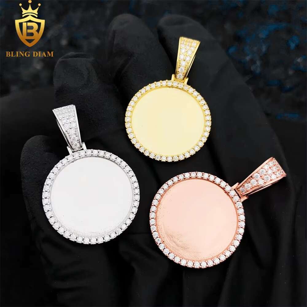 Custom Jewelry Picture Memory Circle Pendant With Chain Vvs Moissanite Diamond 925 Sterling Silver Rose Gold Plated