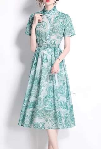 Elegant Short Sleeves Vintage Polo-Neck Chic Single Breasted Print Slim Sashes Long Dresses Evening High Street Summer Clothing