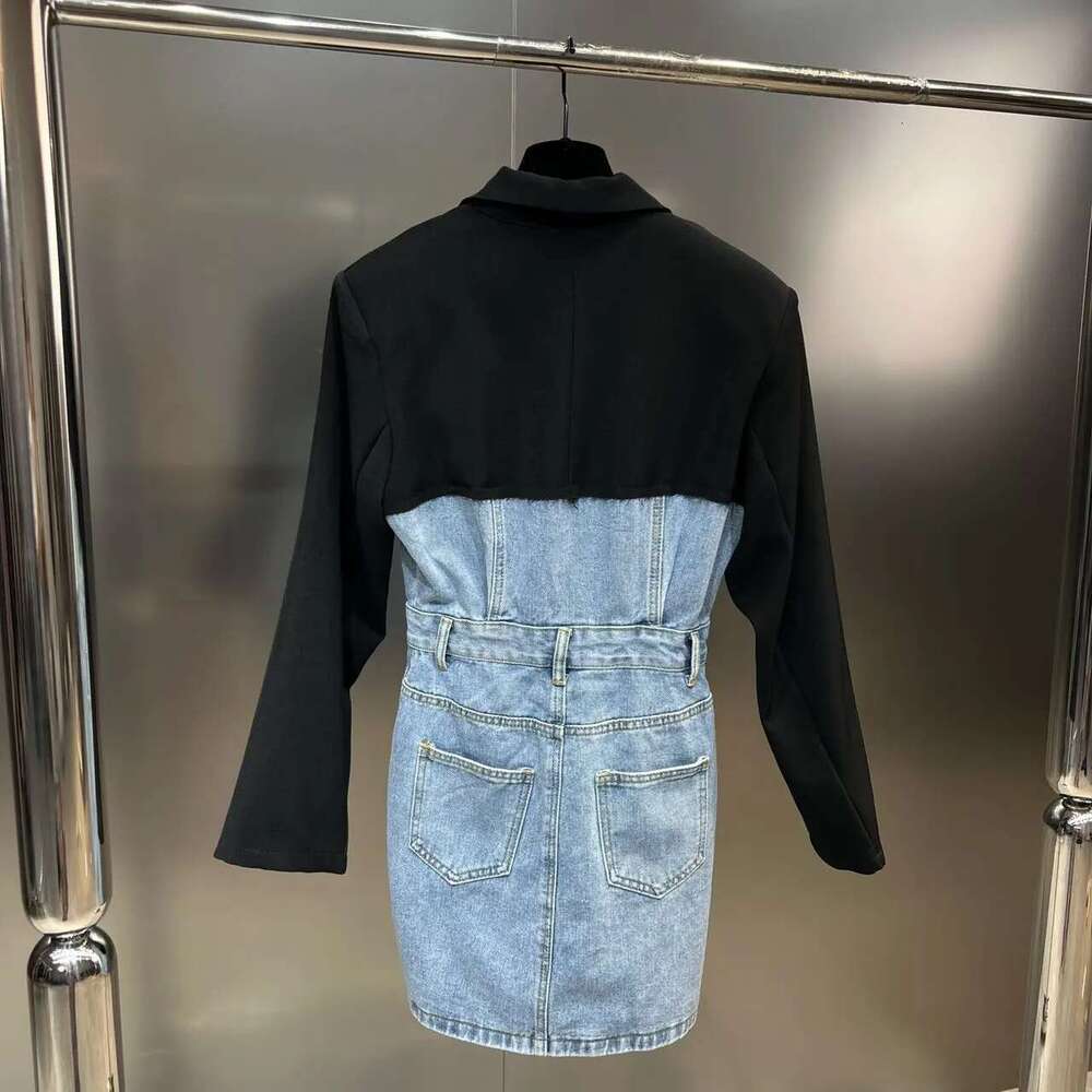 Getspring Women Notched Collar Denim Ed Single Breasted Long Sleeve Suit Dress Fashion Ladies Mini Dresses Autumn