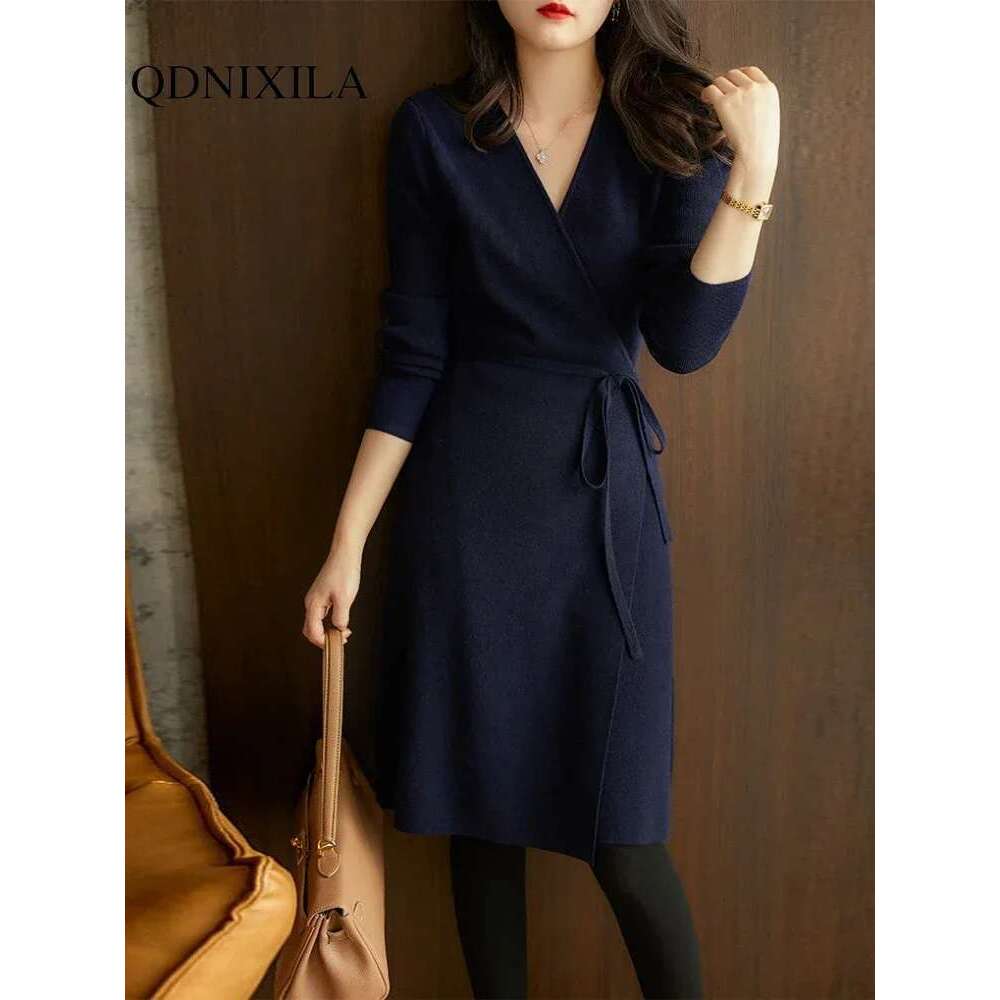 Autumn Winter Sweater Womens Dresses V-Neck Wrap Up Dress For Women Woman Clothing Korean Version Loose Elegant Knitted Skirt