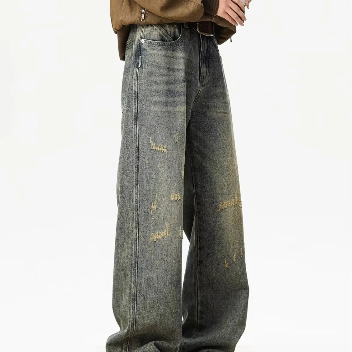 ly Washed Distressed Ripped Mens Pocket Jeans Retro Straight Wide Leg Denim Pants Street Clothing Fashion Blue Jeans 250423