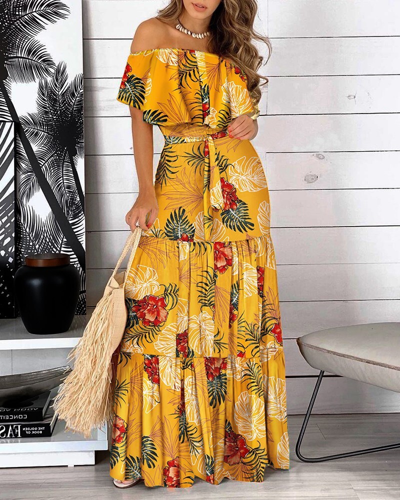 2021 summer ruffled off shoulder short sleeved lace up dress for women
