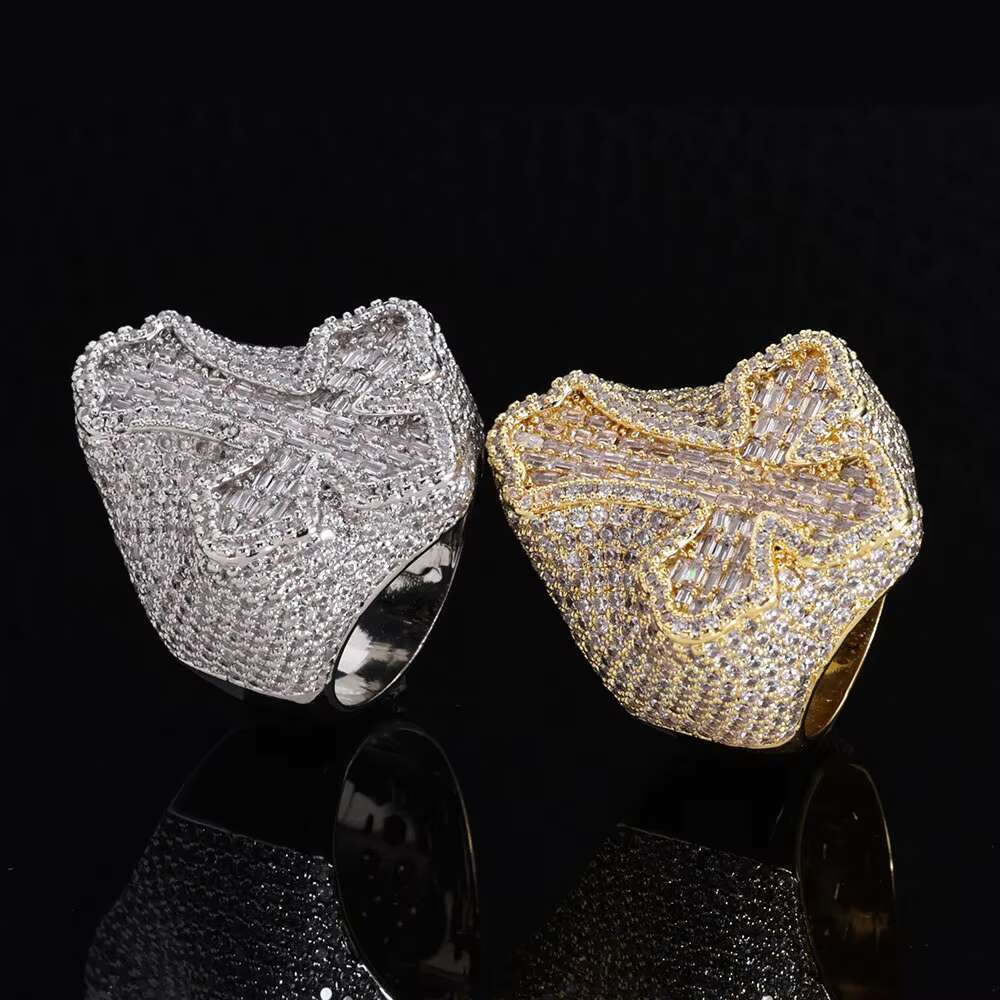 NUOYA Hip Hop Rapper Jewelry Shiny Diamond Cross Ring for Men White Gold Plated Micro Pave Baguette Zircon Cross Ring for Gift