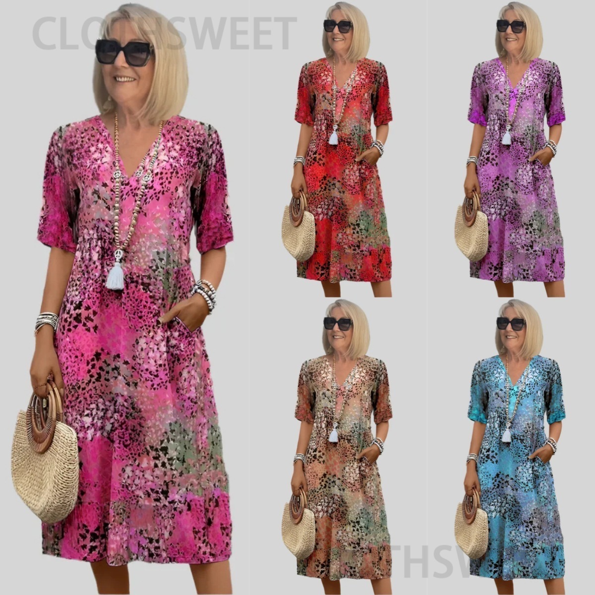 2025 Summer New Printed V-neck Leisure Vacation Pocket Dress for Women