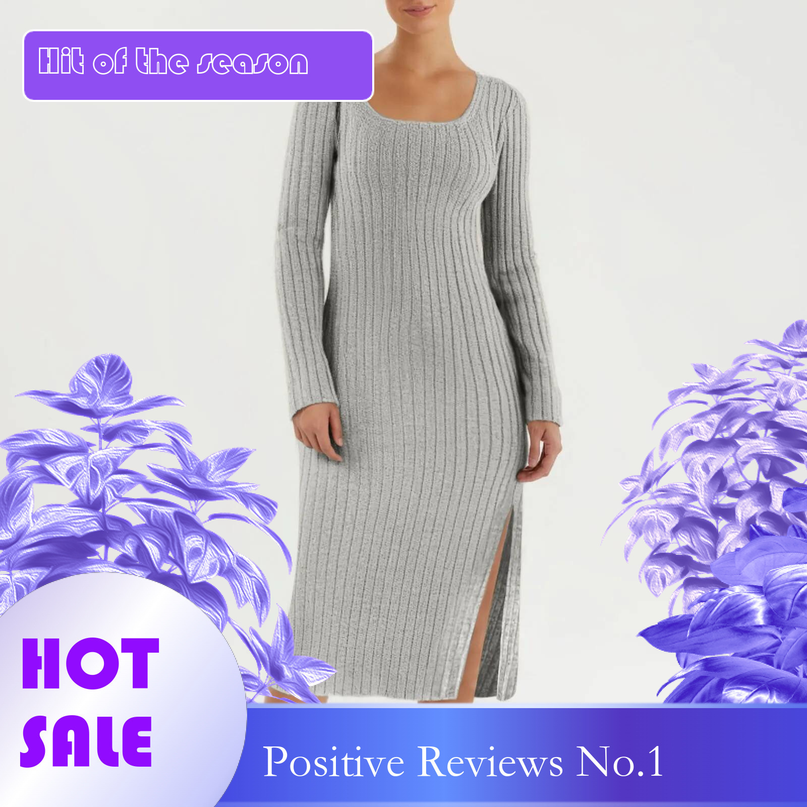 Dongdumaoyi Women S Sundresses Casual Long Sleeve Square Neck Midi Dress Knit Side Slit Ribbed Dresses Summer