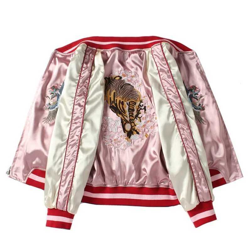 Double Sided Satin Baseball Jacket Women Sukajan Bomber Jacket Female Girls Embroidery Coat 2025 Spring Autumn Pink J251124